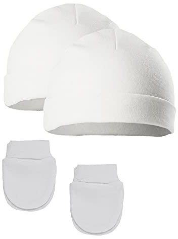 Soft Touch 2 x Baby Hat & Mittens Set 2 Pairs Anti Scratch Mittens Baby Boys Girls Cotton Hat NB & 0-3 Months