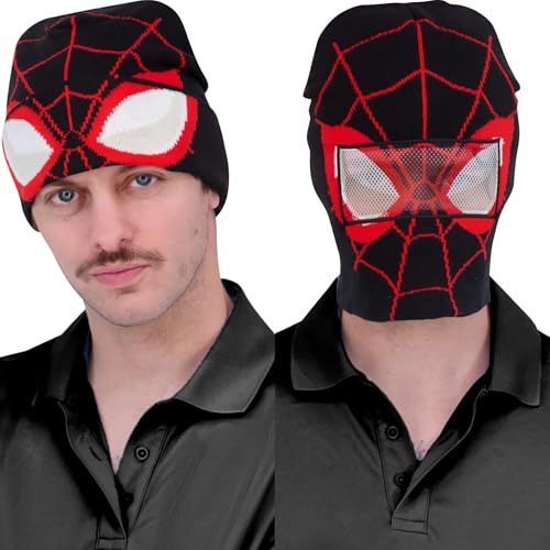Concept One Unisex's Marvel Spider-Man Miles Morales Roll Down Cuff Beanie Hat, Knitted Winter Skull Cap, Black/Red, One Size