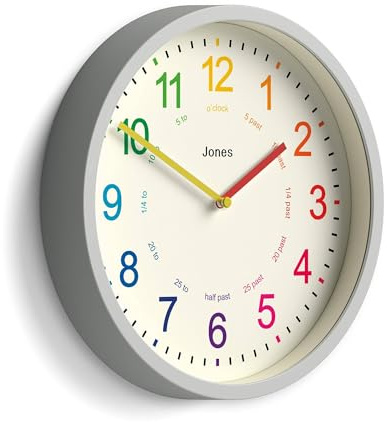 Jones Clocks® Kids wall clock | Modern children’s clock | 25cm | Grey | Colourful dial for learning to tell the time | Ideal small size for children's bedrooms or nursery