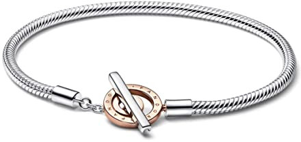 Pandora Signature Two-tone Logo T-Bar Snake Chain sterling silver and 14k rose gold-plated toggle bracelet, 20