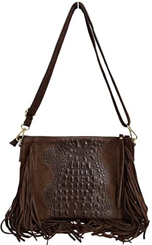 Modarno borsa da donna con frange, a tracolla, in pelle scamosciata 29x2x21 cm (Testa Di Moro)