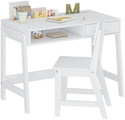 UTEX Kids Desk and Chair Set, Study Desk for Kids with Storage Bins, Wooden Children Study Table, Student Writing Desk for Bedroom & Study Room (1 Open & 1 Drawer)