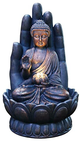 LQSSA Fontaine d'eau de Jardin extérieure Fontaine d'eau intérieure et extérieure en polyrésine avec lumières LED Fontaines de Cascades sur Pied de Bouddha de Palmier de Jardin pour la Cour de la