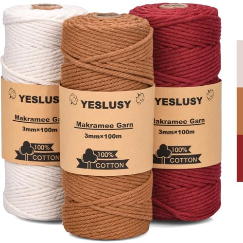 YESLUSY Premium Makramee Garn Natur 3er Set, Makramee Garn Set Rot, 3mm x 100m Baumwollgarn, für DIY Handwerk, Weihnachten, Weben Boho Dekoration und Hängepflanzen