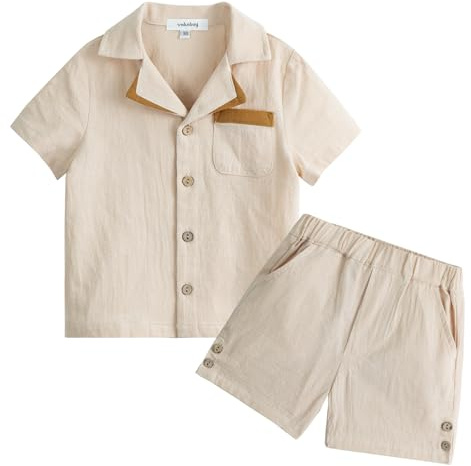 Volunboy Sommardräkter för barn, bomull och linne kortärmad T-shirt och shorts set för nyfödda pojkar 1–4 år, Aprikos, 3-4 anni