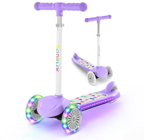 TONBUX 3 Wheel Tri Scooter, Easy Folding System, Height Adjustable Handlebars, Tilt To Turn Steering, Kids Aged 3+ Years (Purple)