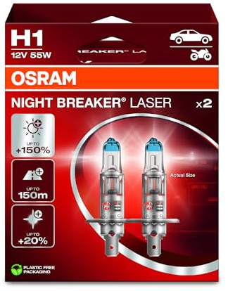 OSRAM NIGHT BREAKER LASER H1, +150% more brightness, halogen headlight lamp, 64150NL-2HB, 12V, Hanging folding box (2 lamps), white