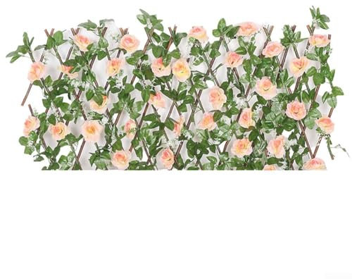 Hasaller Recinzione artificiale in legno con foglie di fiori artificiali, protezione per la privacy, decorazione da giardino, traliccio espandibile, recinzione in legno estensibile (bianco sporco)