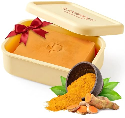 PLANTIFIQUE Jabón de Cúrcuma y Ácido Kójico, 1 Barra con Funda de Silicona - Jabon Cara para Manchas, con Vitamina C Ácido Hialurónico y Colágeno - Turmeric & Kojic Acid Soap 80 g
