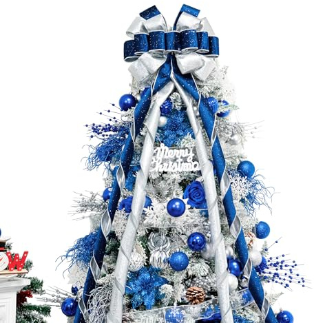 Hismir Large Velvet Christmas Tree Topper Bow，Blue & Silver 53x13 Inches