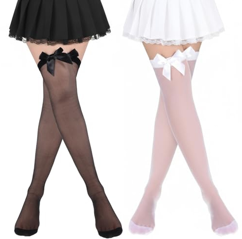 Thigh High Socks for Women Over the Knee Socks with Bow Black White Sexy Sheer Thigh High Stockings