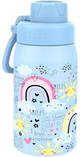 GOPPUS 420ml/15oz Kids Insulated Water Bottle with Screw Lid (No Straw) Stainless Steel Toddler Bottle School Flask Girls Boys Drinks Cup with Handle & Leakproof & Keep Drinks Cold (Blue Rainbow)