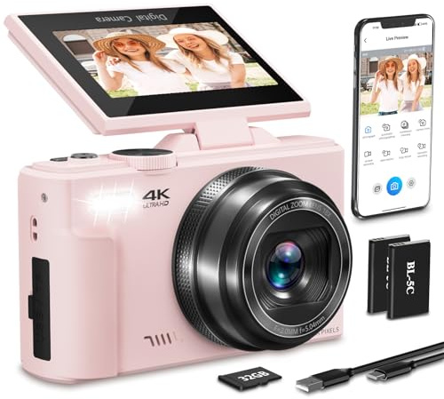 Cámara digital 4K para fotografía, cámara de vlogging de 64 MP para YouTube con pantalla abatible de 180° de 3 pulgadas, zoom digital de 18X, cámara compacta HD de enfoque automático con WiFi, flash