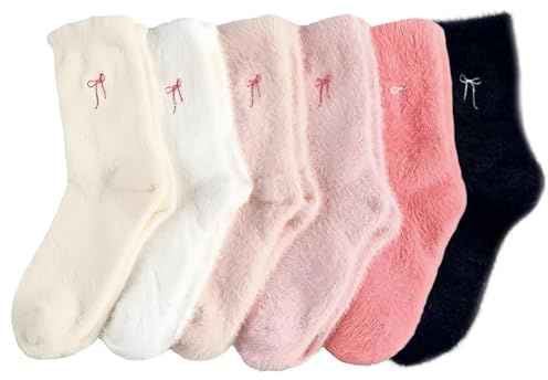 6 Pairs Cute Fluffy Socks with Large Bows, Fluffy Socks Women Warm Thick Furry Material Suitable for Ladies and Women, Cold Winter Home Wear, Soft Sleep Use and Gifting to Family and Friends