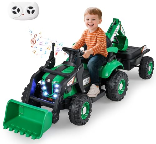 GOPLUS Tractor Eléctrico 4 en 1 para Niños de 3-8 Años (Verde) | Coche de Juguete Infantil con Control Remoto, Remolque Desmontable, Asiento Convertible, Luces LED, Excavadora