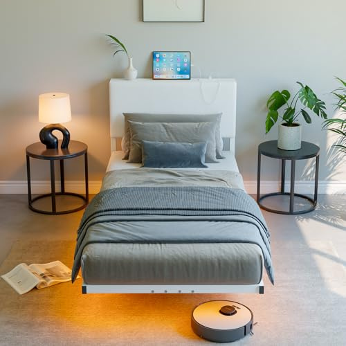 HOMERECOMMEND Floating Single Bed Frame with LED Light,3ft Single Bed Frame with Charging Station With Charging Station,Upholstered Bed Frames Single Size Bed with Storage,90x200 Bed,White