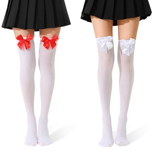 AKINSTER 2 par vita strumpor, Overknees strumpor, dam, Thigh Highs, vita knästrumpor, strumpor med röd rosett och vit rosett för karneval, kostym, alla hjärtans dag, halloween, jul, temafest
