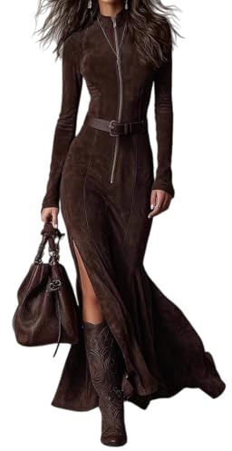 Vestido largo vintage marrón con cremallera y cinturón para mujer, de ante sintético, con abertura lateral alta, media cremallera, elegante vestido ajustado, café, XXL