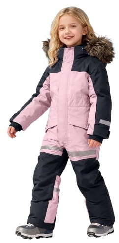 Tuta da neve per bambini, taglia 3-14 anni, impermeabile, antivento, calda, invernale, con collo in pelliccia, abbigliamento da sci, rosa chiaro, 6-7 Jahre