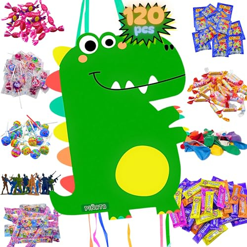 Piñata Cumpleaños Infantil - Piñata + Pack 120 Juguetes y Chuches de Relleno Piñata - Piñata Cumpleaños Infantiles - Dinosaurio - Chuches - MANLOZ