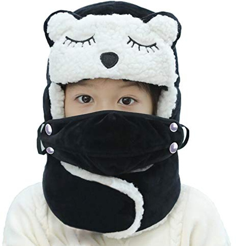 Cute Cartoon Winter Trapper Hat for Teens Kids Faux Fur Ears Warmer Face Mask Cover Boys Girls Thermal Fleece Lined Cold Weather Motorcycle Cycling Beanie Cap Snow Hat Russian Ushanka