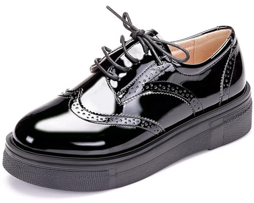 WUIWUIYU Womens Casual Patent Leather Lace-Up British Style Platform Brogues Oxford Saddle Shoes Black Size 7