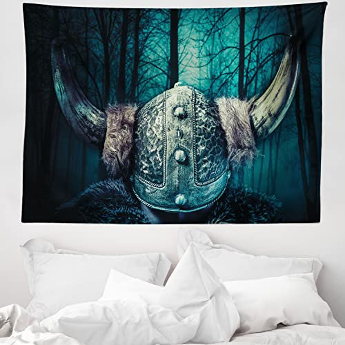 ABAKUHAUS Wikinger Wandteppich, Barbarenkopf mit Hörnern aus Weiches Mikrofaser Stoff Waschbar ohne Verblassen Digitaldruck, 150 x 110 cm, Benzinblau Sandbraun
