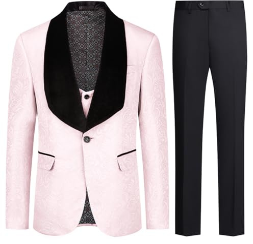 Allthemen Costumes pour Hommes 3 Pièces Costume de Smoking De Mariage De Bal Hommes Un Bouton Châle Revers Blazer Veste+Gilet+Pantalon Rose L