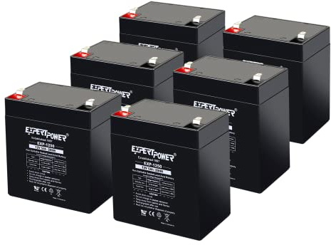 ExpertPower EXP1250 - (6 Pack) 12V 5Ah Rechargeable SLA Battery for Security System, UPS, Garage Door Opener Replacement, Fire Alarm Batteries, Sealed Lead Acid, 12V Battery Backup