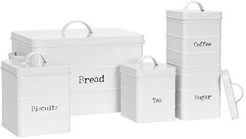 Harbour Housewares Metal Kitchen Canisters Set - White - 5pc Set - Vintage Loose Tea Coffee Beans Granulated Sugar Storage Container Biscuit Tin Caddy Bread Bin Storage with Airtight Lid
