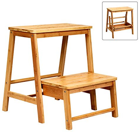 COSTWAY Marche Pied Bambou Pliant Portable à Deux Etages avec Levier Rabattable, Escabeau Tabouret Surface Antidérapante et des Bords Arrondis, Charge 150kg, 45x51x48cm (Bois)