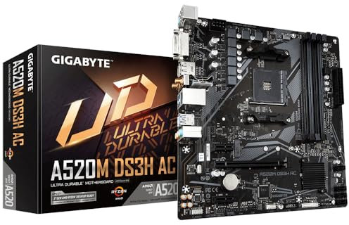 Gigabyte A520M DS3H AC Motherboard - AMD Ryzen 5000 Series CPUs, 5+3 Phases VRM, up to 4733MHz DDR5 (OC), 1xPCIe 3.0 M.2, GbE LAN, WIFI 5, USB 3.2 Gen 1