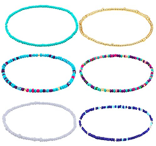 LUTER 6 Stück Perlen Fußkettchen Bunte Fußkettchen Bohomenian Fußkettchen Bunte Handgemachte Perle Schmuck für Mädchen Frauen