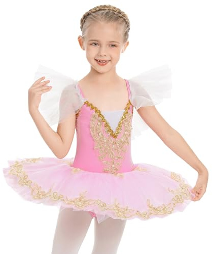 IBAKOM Enfant Filles Robe Ballet Justaucorps lac des cygnes Broderie Dor�e Perles Gymnastique Robe Body V�tements Danse avec Jupe Tutu Rose 9-10 Ans