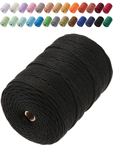 GOHOF Macrame Cord 3mm x 200m Premium Cotton Macrame Rope, 4 Strand Twisted Soft Cotton Cord, One of The Most Perfect Materials for Macrame Art, Cotton String Without Chemicals (Black)