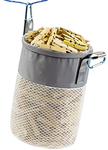 KOOZTI Mesh Clothespin Bag Holder Outside, Multiple Hanging Methods Clothes Pin Bag with Drawstring Closure, Ventilation and Moisture Resistance, Large-Capacity Clothespin Storage Organizer with Hooks