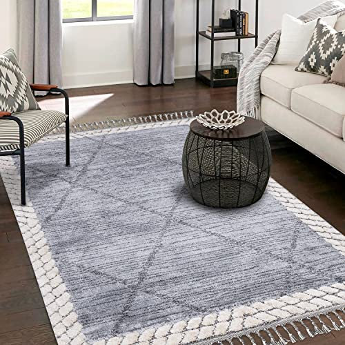 payé Teppich Wohnzimmer - Abstrak Raute - 80x150cm - Creme Grau Blau - Fransen Deko Boho Flauschig - Cut & Loop Sisal - Schlafzimmer Flur Dekoration Läufer