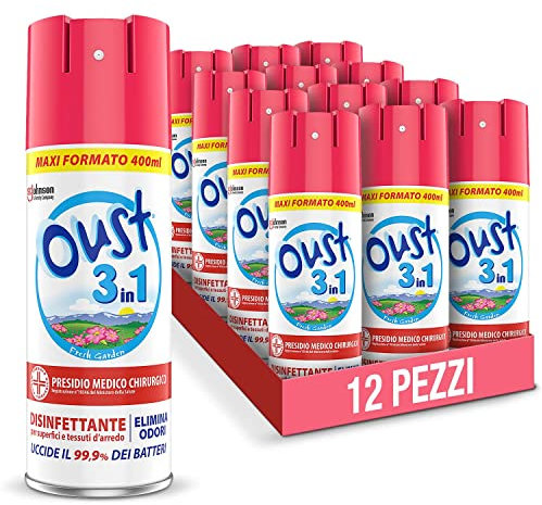 Oust 3 in 1 Spray Disinfettante 400 ml, Fragranza Fresh Garden, per Superfici e Tessuti, Uccide il 99,9% dei Batteri, 12 unità da 400 ml