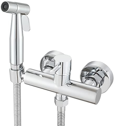 Gaosin Pulverizador de mano para bidé de agua caliente, pulverizador de mano Shattaf accesorio de baño para inodoro con válvula de mezcla de latón caliente y frío, montado en la pared, cromado