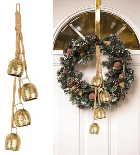 Christmas Bells Decorations - Set of 4 Gold Rustic Vintage Jingle Chimes, Hanging Rope Cow Bells for Holiday Decor