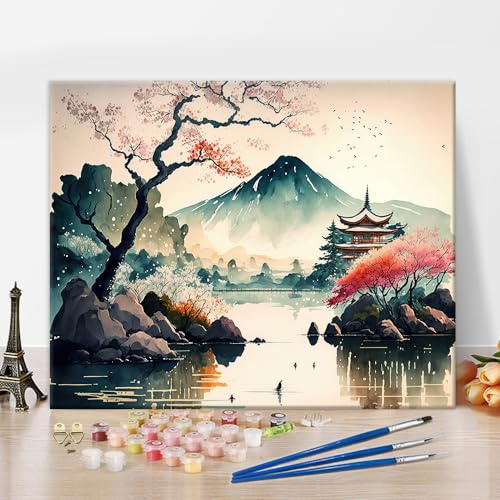 Paysage japonais Peinture par numéros, Mont Fuji Peinture par numéros Kit pour adultes Japon Cerisiers Aquarelle Peinture par numéros Kits Easy Paint by Numbers pour débutants Artisanat 40,6 x 50,8 cm