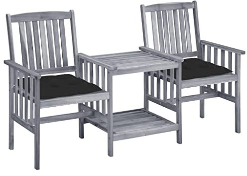 KATERYY Gartenstühle mit Teetisch und Kissen Massivholz Akazie,Bequeme GartenmöbelSet aus Akazienholz: Doppelstuhl mit Tisch und Kissen