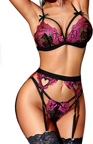 RSLOVE Conjunto de lencería para Mujer con Liguero de 3 Piezas de Encaje Negro y Rosa S