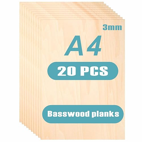 Baixinda 20 placas de madera contrachapada de 3 mm, 297 x 210 x 3 (+/- 0,2) mm, madera de tilo para manualidades, madera contrachapada A4 de 3 mm, aglomerado, perfecta para modelos de bricolaje, arte