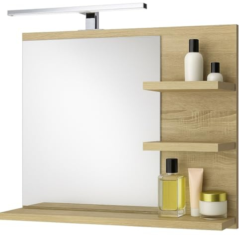 FreshYou Badspiegel mit 3 Ablagen Badezimmerspiegel Spiegel Regal Wandspiegel Hängespiegel Badmöbel Spiegel Flurspiegel für Schlafzimmer für Badezimmer Sonoma Eiche 60X50 LED Lampe - Recht