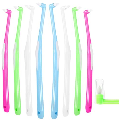 RAYITO 4Pcs Interspace Toothbrush, Soft Single Tufted Toothbrush | Cover Slim Interspace toothbrushes interdental Brushes for Orthodontic Braces Detail Cleaning(Blue/Green/Rose Red/White)