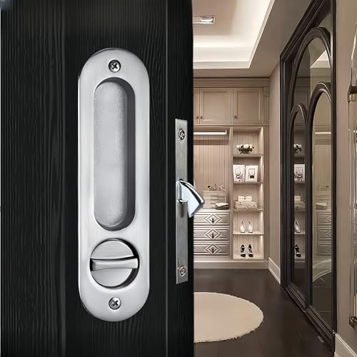 Sliding Pocket Door Lock,173mm Sliding Door Latch with Turn Knob for Interior Wooden Door,Invisible Recessed Door Handle with Key,Keyed Pocket Doors Mortise Lock (Silver)