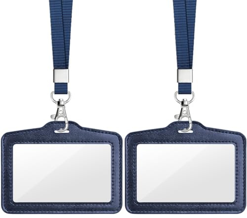 Teskyer 2 Pack Double Sided Clear Badge Holders - Faux Leather with Nylon Lanyard, ID Card Holder for Work/Oyster Card/Bus Pass, Business & Events, Horizontal (Blue)