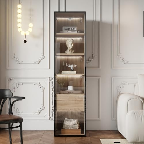 Merax Vitrina con iluminación LED, armario de pie con puerta de cristal, almacenamiento con 1 cajón grande, armario multiusos para salón, oficina, cocina, baño, 40 x 34,5 x 165 cm