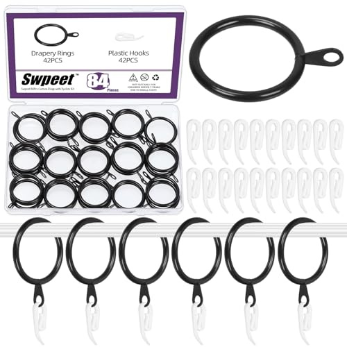 Swpeet Juego de 84 Anillos de Cortina de Metal de Bronce de 30 mm con Gancho de Cortina de plástico, Anillo de Ojal Deslizante, Anillos de Clip para Barra, Hotel, Bar, Dormitorio